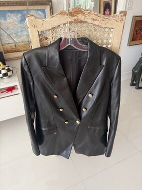 ZARA Double-Breasted Black Faux Leather Blazer Jacket